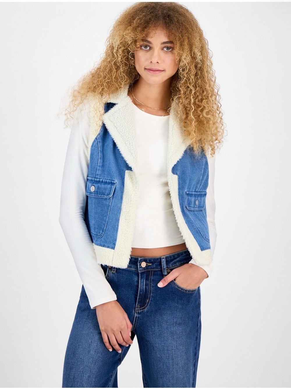 Madden Girl Blue Denim Sherpa Vest with Cream Trim